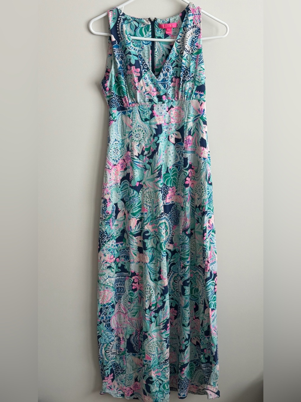 Lilly Pulitzer Maxi Dress Size Small Looking Sharp Print Pink Blue Tropical